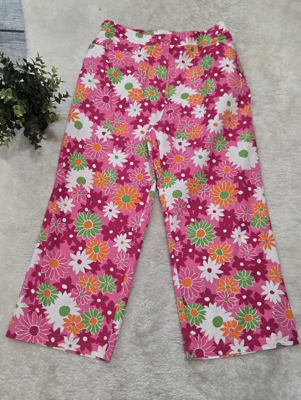 Sag Harbor Sport Pink Floral Retro Wide Leg Cropped Dopamine Cotton Pants, 12